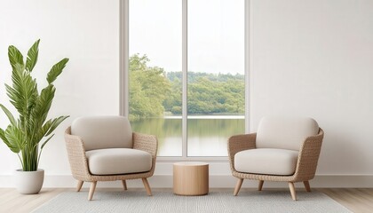 A cozy, minimalist living space featuring two wicker chairs, a wooden side table, and a large window with a view of lush greenery.