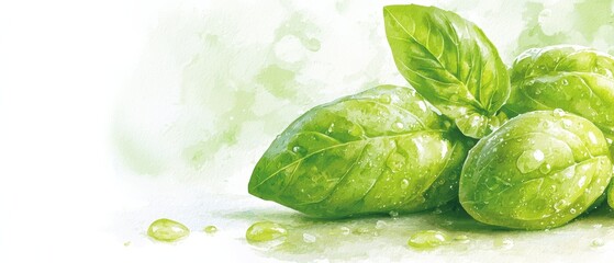 Obraz premium A watercolor painting of a bustling bundle of green hops, adorned with water droplets on their leaves and the ground beneath