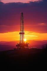 Fototapeta premium A drilling rig silhouetted against a colorful sunset, highlighting energy extraction.