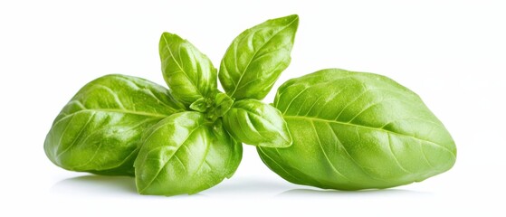 Fototapeta premium Two pristine basil leaves in verdant hue against a pristine white backdrop Clipping path delineates the perimeter above the leaves