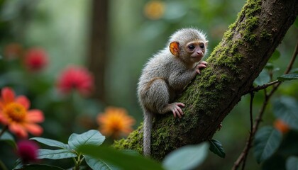 Adorable baby monkey on a tree branch surrounded by pink and orange flowers