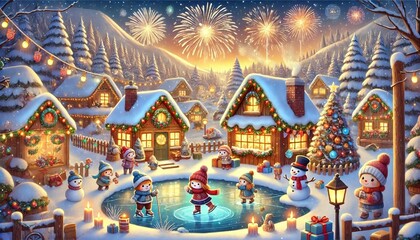 Fototapeta premium Charming New Year's Eve in a Snowy Village with Adorable Characters Enjoying Winter Festivities, Fireworks, and a Magical Atmosphere in a Cozy, Snow-Covered Town