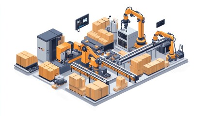 Industrial robotic arm operating a conveyor belt with boxes.