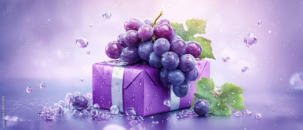 Wall mural  A purple background features a gift box in the same hue, adorned with a cluster of grapes atop Surrounding it are water droplets