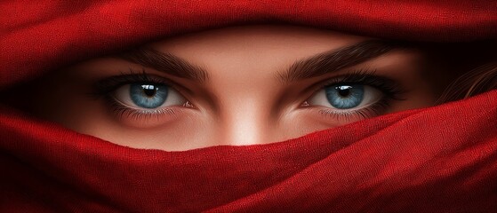 Naklejka premium A tight shot of a woman's blue eyes concealed by a red fabric headcovering, obstructing her gaze