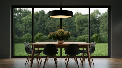 Fototapeta premium A modern dining room featuring a wooden table, stylish chairs, and a large window overlooking lush greenery.