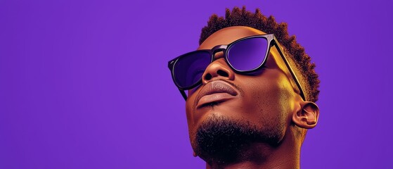  A person in close-up, wearing sunglasses angled to one side, against a purple background