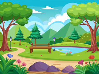 Obraz premium Mountain and lake landscape. Cartoon rocky mountains, forest and river scene. Wild nature summer panorama. Hiking adventure vector concept stock illustration
