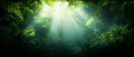  A sunbeam splits through the dense jungle, illuminated by sunlight filtering through tree canopies above
