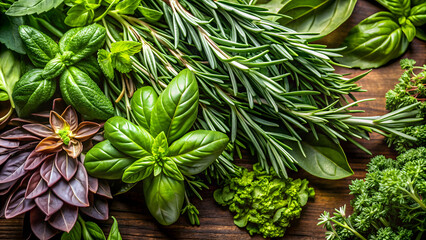 Fototapeta premium A close-up photo of various fresh herbs including basil, rosemary, and thyme , cooking, culinary, seasoning, garden, ingredients