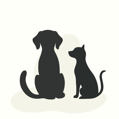 a black silhouette of a dog and a cat sitting side by side. The dog is sitting on its hind legs with its front paws resting on the ground and its tail curled around its body