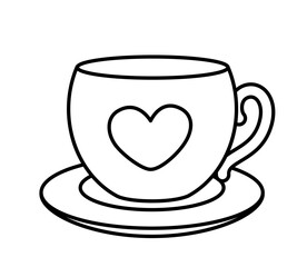 Coloring page. Nice cup with saucer. Black and white cup with heart. Vector