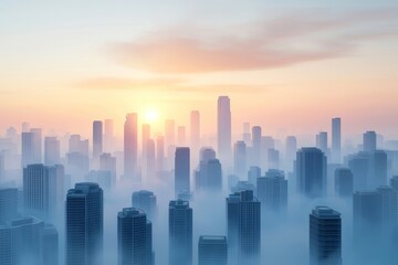 Fototapeta premium A serene cityscape at sunrise, featuring skyscrapers shrouded in fog, creating a tranquil and atmospheric urban scene.