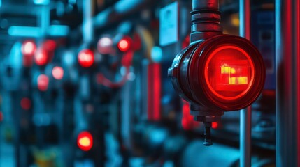 A close-up shot of a glowing red light on a metal industrial machine.