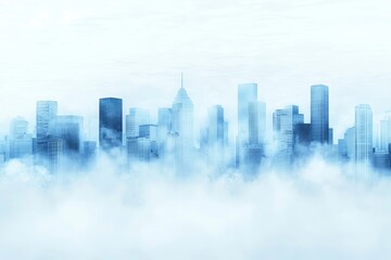 Fototapeta premium A misty skyline with skyscrapers partially obscured, creating an ethereal blue atmosphere.