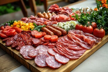 Obraz premium Food tray with delicious salami, pieces of sliced ham, sausage, tomatoes, salad and vegetable - Meat platter with selection - Cutting sausage and cured meat on a celebratory table, ai