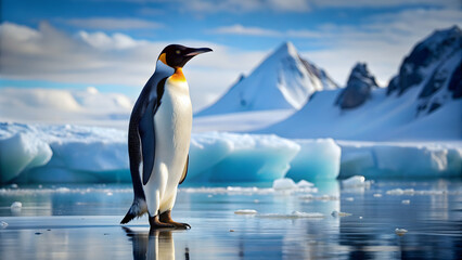 Fototapeta premium Penguin standing on ice in the Arctic region, penguin, polar, wildlife, Antarctica, cold, snow, bird, adorable, icy, nature
