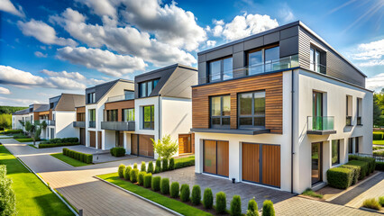 Fototapeta premium Modern Passive house development area in Germany, energy efficient, sustainable, eco-friendly