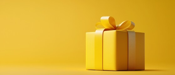 A yellow gift box, adorned with a yellow ribbon, sits against a uniform yellow background A subtle shadow graces the box's bottom