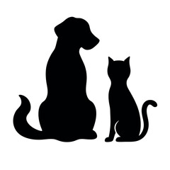 a black silhouette of a dog and a cat sitting side by side. The dog is sitting on its hind legs with its front paws resting on the ground and its tail curled around its body