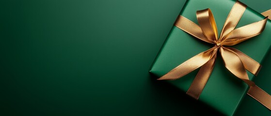  A green gift box, adorned with a golden ribbon and bow, sits atop a green background