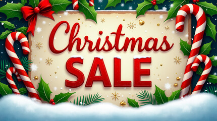 A vibrant Christmas sale banner showcases bold red handwritten text against a snowy backdrop, adorned with festive elements like holly and candy canes, enticing holiday shoppers
