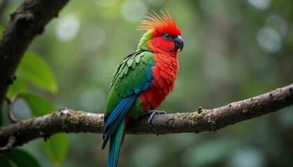 Fototapeta premium Red and Green Parrot Perched on a Branch in a Tropical Forest