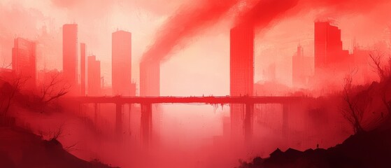Fototapeta premium A city painting with red smoke emanating from its buildings, plus a bridge spanning over a water body