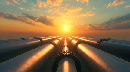 A long line of pipes are lit up at night. Concept of industrial activity and the importance of the pipes in the process