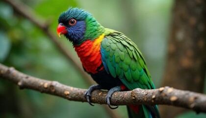 Colorful Parrot Bird Perched on Branch in Lush Green Foliage