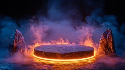 A rock podium surrounded by fire and smoke for a theatrical production