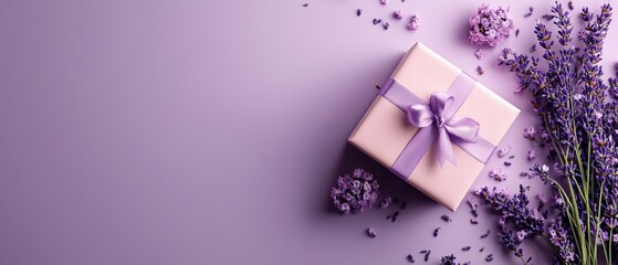  A purple background features a gift box topped with a lavender-hued ribbon, accompanied by an arrangement of lavender flowers Text space is available