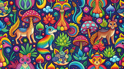 Psychedelic seamless pattern featuring colorful animals and mushrooms, psychedelic, seamless, pattern, animals, mushrooms