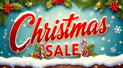 A vibrant Christmas sale banner showcases a bold handwritten red font set against a snowy backdrop, adorned with holly, candy canes, and playful snowflakes, evoking holiday cheer