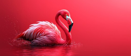 Fototapeta premium A pink flamingo stands in the water, with its head above the surface
