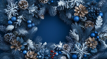 Christmas wreath and pine cone frame on blue background