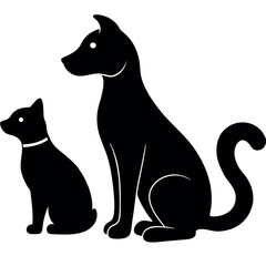 a black silhouette of a dog and a cat sitting side by side. The dog is sitting on its hind legs with its front paws resting on the ground and its tail curled around its body