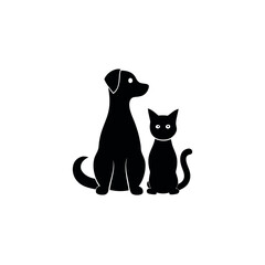 a black silhouette of a dog and a cat sitting side by side. The dog is sitting on its hind legs with its front paws resting on the ground and its tail curled around its body