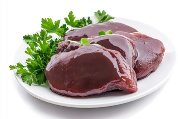 Fresh raw chicken liver on a plate. Isolated on white , ai