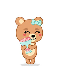 Kawaii girl bear is hugging a cute bouquet of flowers. Cartoon, kawaii, vector.