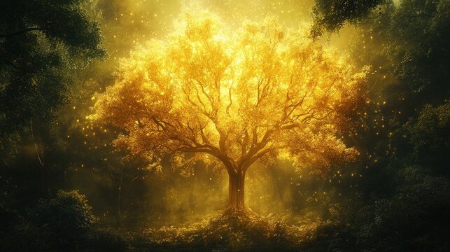 A single golden tree glows brightly in a dark forest, with light rays and leaves falling around it.