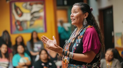 Indigenous woman community organizer leading a workshop in a vibrant community center promoting social change and empowerment through education