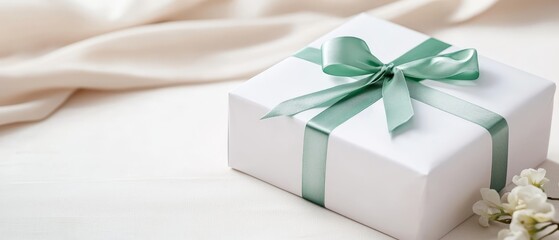  A white gift box, adorned with a green ribbon and featuring a single white flower, sits against a pristine white surface Behind the scene, a white cloth provides an un