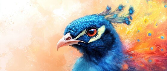 Obraz premium A painting of a blue bird with orange and blue feathers on its head against a yellow and orange background