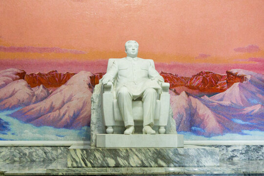 Statue of Kim Il-sung at the Grand People's Study House in Pyongyang, North Korea. It is the central library located in the North Korean capital, Pyongyang