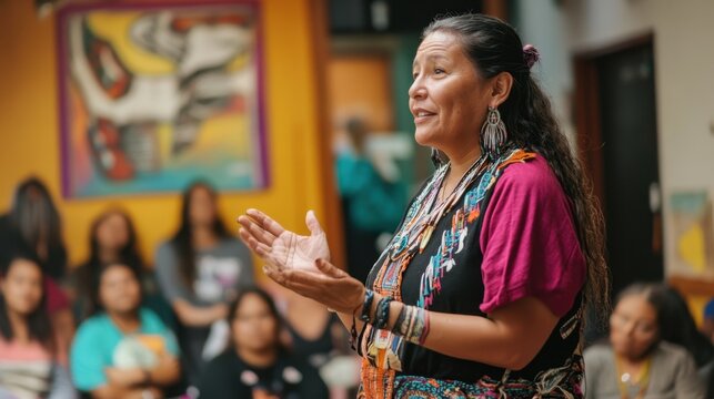 Indigenous woman community organizer leading a workshop in a vibrant community center promoting social change and empowerment through education