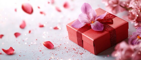 Obraz premium A red gift box, topped with a pink flower, sheds petals nearby as it rests on the ground