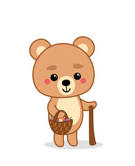 Obraz premium Cartoon bear is looking for forest berries and mushrooms in basket. Cartoon, kawaii, vector.