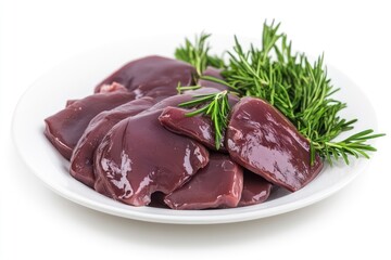 Fresh raw chicken liver on a plate. Isolated on white , ai