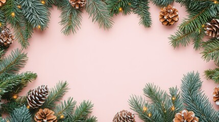 Naklejka premium christmas frame with fir branches, Creative christmas frame on pink background